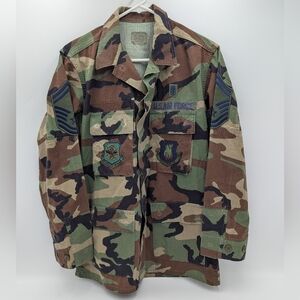 US Air Force Vintage BDU Camo Field Jacket Shirt Patches Small Regular Ripstop
